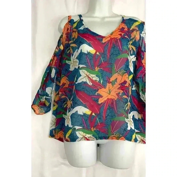 EUC Sheer Floral Top, Cutout Sleeves, Size Large #105 - Picture 7 of 15